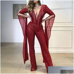 Womens Jumpsuits Rompers Sequined Fringed Jumpsuit For Women Y Deep V-Neck Long Sleeve Female Wine Red 2021 Spring Summer Party Drop D Dhyai