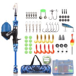 Kids Fishing Rod and Reel Combo Full Kit 1.2m/1.5m Telescopic Casting Rod Pole with Spincast Reel and Hooks Lures Swivels bag