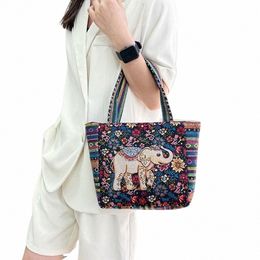 ethnic Style Handbag Embroidery Elephant Canvas Women Shoulder Bags Grocery Storage Pouch z9nR#