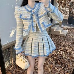 Work Dresses Spring Fall Elegant 2 Piece Sets Pink Blue Two O Neck Tassel Short Tweed Jacket&High Waist Pleated Mini Skirt Suits