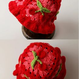 INS Hollow Cherry Knitted Fisherman Hats For Women Handmade Red Matching Basin Hat Spring Summer Sun Hat