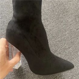 2023 Women 10cm High Heels Suede Ankle Boots Lady Stripper Winter Block Clear Heels Short Booties Transparent Apricot Prom Shoes