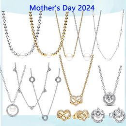 2024 Regalo per la festa della mamma Argento 925 Logo originale di alta qualità Perle di perle Collier Tripla pietra Cuore Stand Collana a catena Collane con ciondolo per donna