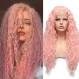 Nxy Vhair Wigs Rongduoyi Pink Color Loose Wavy Synthetic Long Curl Wave Middle Part Natural Lace Front Wig Cosplay Daily Women Use Hair 240330