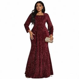 women Luxury Party Dres Plus Size Lg Sleeve Square Neck Sequins Red Elegant Dr Temperament Fi Lady Evening Dres b95P#