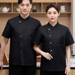 Uniform Bakery Unisex Sleeve Collar Stand Waiter Patch Work Single Restaurant Short Clothes Chef Breasted Pocket Coveralls