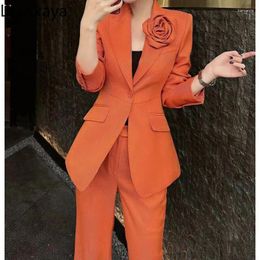 Women's Two Piece Pants Fashion Casual Professional Suit Two-piece Jacket Slim Fit Temperament Orange Set For Women