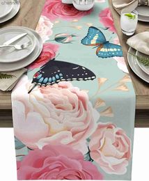 Table Runner Watercolour Pink Rose Flowers Blue Butterfly Linen Runners Dresser Scarves Kitchen Setting Dinner Wedding Party Decor yq240330