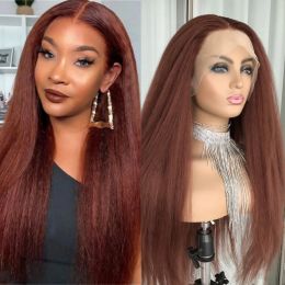 Kinky Straight Lace Front Wig Reddish Brown Coloured Synthetic Lace Wig for Women Yaki Natural Hair 13x4 Frontal Wig 180 Density