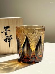 Wine Glasses Japanese Edo Cut Crystal Glass Golden Chrysanthemum Flame Hand-carved Whisky Vintage Handicraft