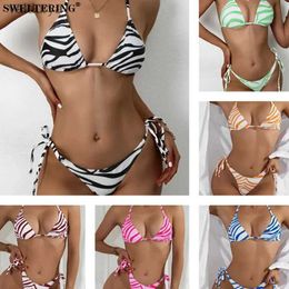 Women's Swimwear SWELTERING Womens Sexy Striped Lace Up Bikini Set Beach Push Bikinis Fashion Party Club New 2 Piece yq240330