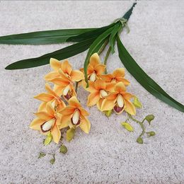 Decorative Flowers Artificial Cymbidium Orchid Bouquet Real Touch Fake Leaves Flores Artificiales Wedding Festival Home Decor