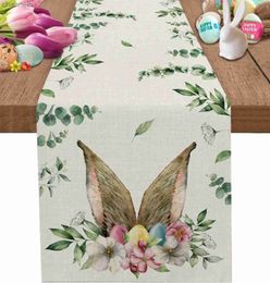 Table Runner Easter Bunny Egg Flower Tulip Linen Runners Dresser Scarves Decor Farmhouse Dining Decorations yq240330