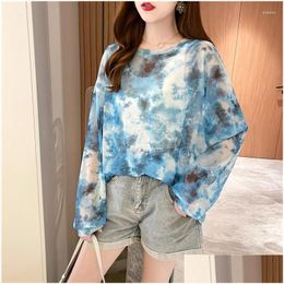 Womens T-Shirt T Shirts 0784 Blue Green Tie Dye Mesh Printed Shirt Women Long Sleeve Summer 2022 Sunsn Y Thin Perspective Drop Deliver Oton8