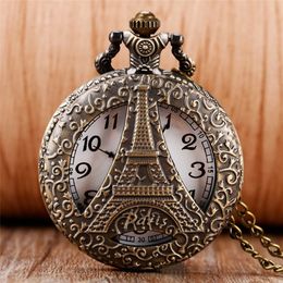 Antique Hollow Paris Eiffel Iron Tower Quartz Pocket Watch Necklace Pendant Chain Fob Watches for Men Women Souvenir Gift306W