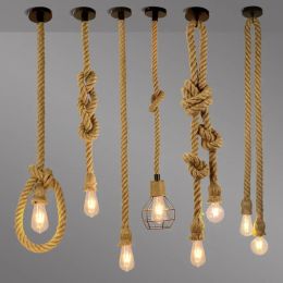 Vintage Sisal Hemp Rope Tie Pendant Lamp Hanging Ceiling Light Chandelier Retro Lustre Loft Creative Industrial Home Room Decor