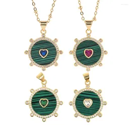 Pendant Necklaces Natural Chalchite Stone Sun Round Necklace Colourful Heart CZ Gold Plated Link Chain Chokers For Women Couple Jewellery