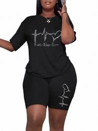 plus Size Casual Outfits Two Piece Set, Women's Plus Rhineste Letter Short Sleeve Tee & Shorts Outfits 2 Piece Set y7Kj#