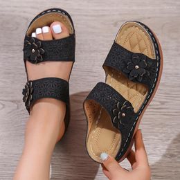 Slippers 2024 Summer Women Casual Shoes Vintage Flower Fish Mouth Sandals Rhinestone Mid Heels Wedge Open Toes Large Size
