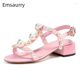 Dress Shoes Sweet Pink Satin T-Strap Modern Sandals Women Med Heel Beads Pearl Decor Open Toe Outwear Party Summer