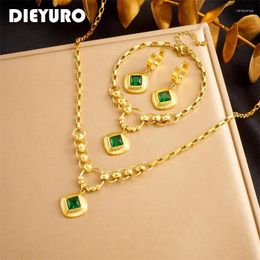 Necklace Earrings Set DIEYURO 316L Stainless Steel Geometric Green Zircon Bracelet For Women Girl Party Gift Fashion Jewellery