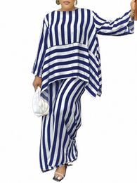 plus Size 5XL VONDA Oversized Women Pant Sets 2024 Lg Sleeve Stripe Bohemian Suits 2pcs Irregular Hem Tops Casual Loose Sets W60Z#