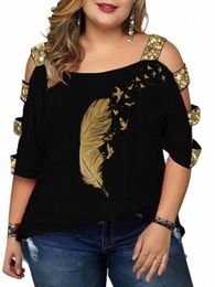 plus Size Tops Woman 2023 Summer Female Sequined Hole Sleeve Butterfly Print Chic Elegant Tee Shirt Loose Big Size Blouse k3AU#