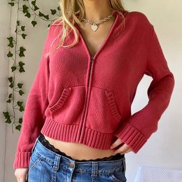 Women Knitted Sweater Hoodies Vintage Solid Colour Long Sleeve Zip-up Cardigan Hooded Sweatshirt Outwear Y2k Pullover Streetwear