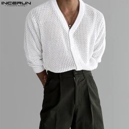 Men Shirt Hollow Out Solid V Neck Streetwear Long Sleeve Men Clothing Sexy Mesh Transparent 2023 Stylish Shirts INCERUN S-5XL