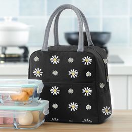 Women's Portable Daisy Printing Thermal Bag for Lunch Large Capacity Work Food Container Fridge Picnic Insulated Cooler Pouch