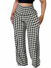 plus Size Slim Fit High Waist Slim Thousand Bird Checker Versatile Wide Leg Women's Pants g620#