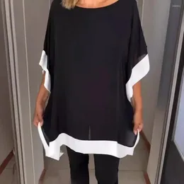 Women's Blouses Women Round Neck Long Top Stylish Summer Tops O-neck Batwing Sleeve Pullover Colour Block Loose Fit Tee Shirt For Casual