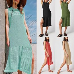 Women Sexy Crochet Swimsuit Cover Ups Sleeveless Hollow Out Long Swim Coverup 2024 Split Mesh Solid Colour Beach Dress