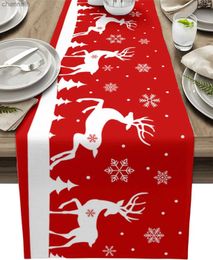 Table Runner Christmas Red Elk Snowflake Linen Runners Dresser Scarves Decor Reusable Winter Xmas Navidad Decoration yq240330