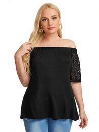 plus Size Summer Sexy Sl Neck Half Sleeve Tops Women Casual Black Lace Patchwork Elegant T-shirt Tee Large Size 6XL 7XL 8XL e3bN#