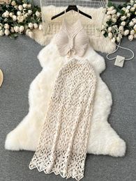 Work Dresses Holiday Beach Skirt Sets Women Crochet Hollow Out Halter Neck Backless Tank Tops High Waist Long 2 Piece Set Drop