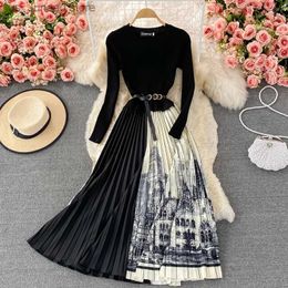 Basic Casual Dresses Autumn Winter Elegant Knitted Patchwork Contrast Colour Pleated Dress Women Long Slve Office Lady Sweater Dress With Belt T240330