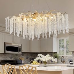 Large Crystal Pendant Lamp for Dining Room Rectangle Hanging Lights Fixtures for Kitchen Island Branch Pendant Lights Gold