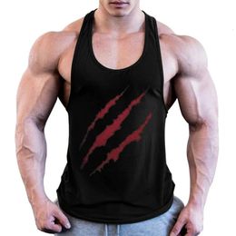 Summer GYM Plus Size Mens Beast Fitness Sports 100% Cotton Training Blood Claw Print I-shaped Vest Personality 240327