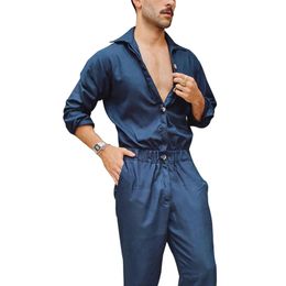 Men s Overalls Long Pants Fashion Casual Button Jumpsuit Solid Color TurnDown Collar Sleeve Playsuits Romper for Male 240315