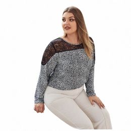 plus Size Elegant Fi Leopard Blouse Women Lace Patchwork Lg Sleeve Spring Office Lady Top T-shirt Ladies Large Size 6XL c72k#