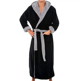 Men Hooded Bathrobe with Adjustable Belt Super Soft Fluffy Highly Absorbent Solid Colour Pocket Design Male Bathrobe