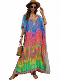 gradient Multicolor Printed Sexy V Neck Lg Dr Plus Size For Women 2023 Casual Summer Vacati Beach Wear Maxi Dres Q1464 45tF#