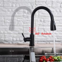 Matte Black Kitchen Faucets Pull Out Kitchen Tap Cold Hot Water Tap Single Handle Mixer Tap Deck Mounted Crane Swivel Spray Tap