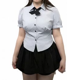 women Plus Size 4XL JK Uniform Set Two-piece Daily Girls Short Puff Sleeve Shirts Summer Collect Waist Slim Blouse Black Skirt a9A5#