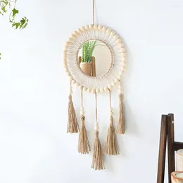 Tapestries Round Mirror With Tassels Exquisite Hand-woven Tassel Decorative Wall Hanging Wooden Beads Cutout Design For Room