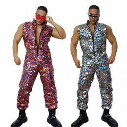 male Laser Mirror Jumpsuit Adult Street Dance Costume Nightclub Bar Hip Hop Dancer Clothes Muscle Man Dancing Outfit VDB7991 m891#