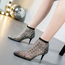 Dress Shoes 2024 Sexy Pointy Stiletto Sandals Women's Net Socks Hollow Drill Elastic Transparent Fashion High Heel Cool Boots