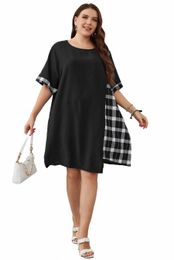 plus Size Irregular Round Neck Women T-Shirt Dr Plaid Roll Up Short Sleeves Female Shirt Robe Summer Casual Clothing h0pE#