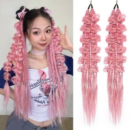 2PCS Long Colorful Synthetic Braided Ponytail Extension Rubber Band Hairpiece PonyTail With Hair Tie High Temperature FiberFor Women